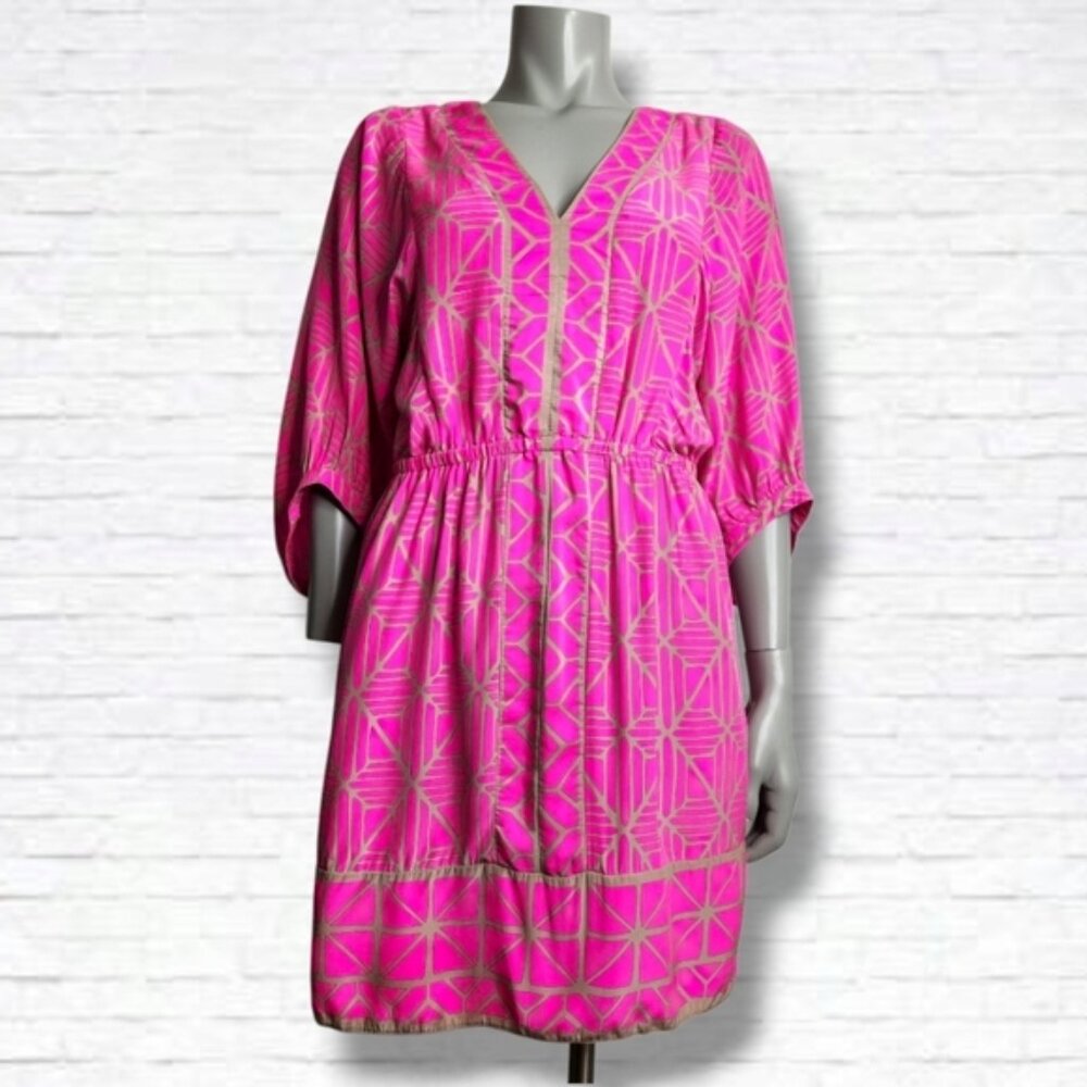 Alice Trixie Hot Pink With Gold Geo Print Silk V Neck Tunic Mini Dress Size S